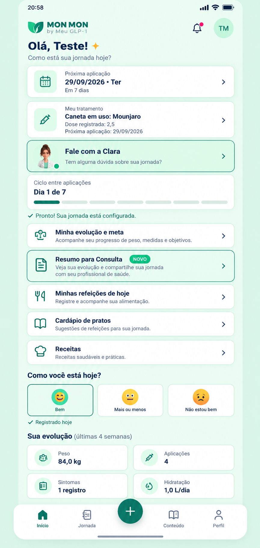 Home do MON MON com tratamento, Clara, jornada, resumo para consulta, bem-estar e evolução